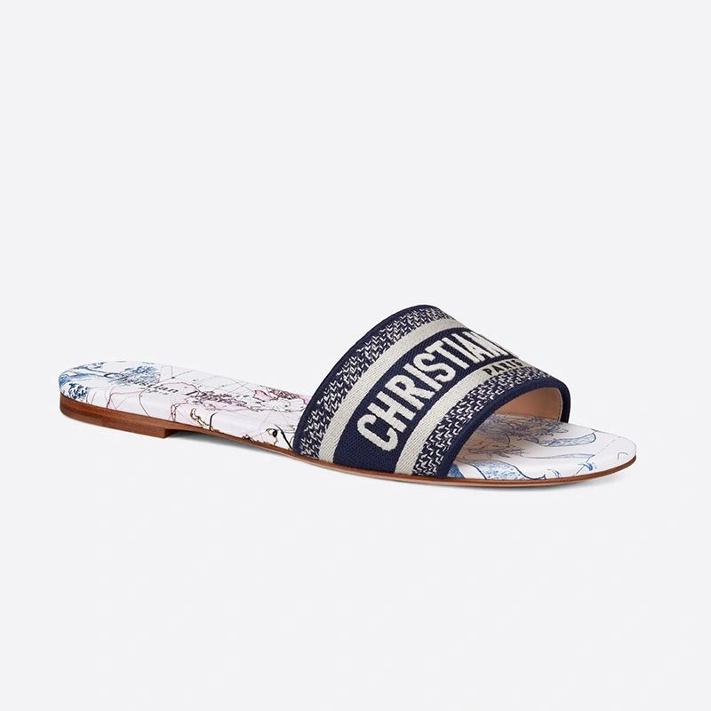 Christian Dior Dway Slides Women Around The World Motif Canvas Blue Trendy 3864 - Image 3