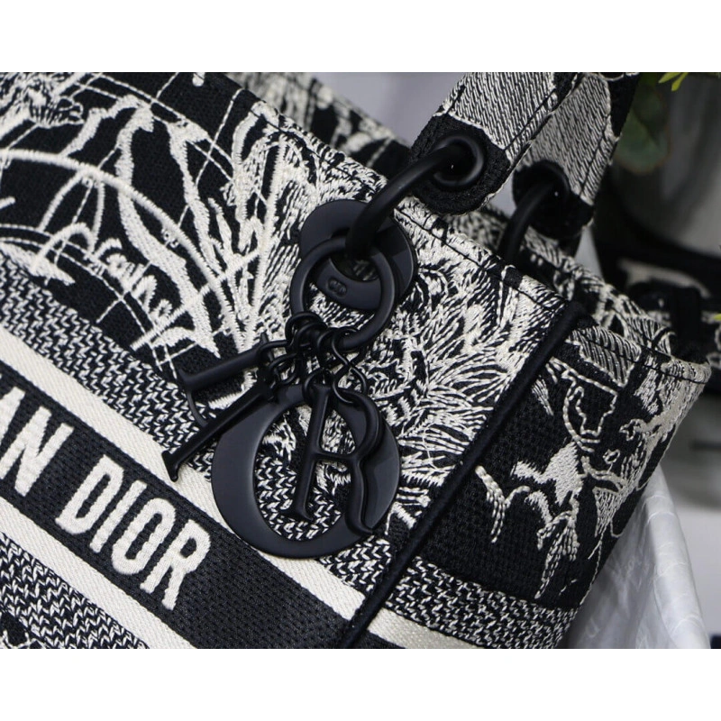 24 x 20 x Christian Dior Medium Lady D-Lite Bag Black and White Around the World Embroidery - Image 7