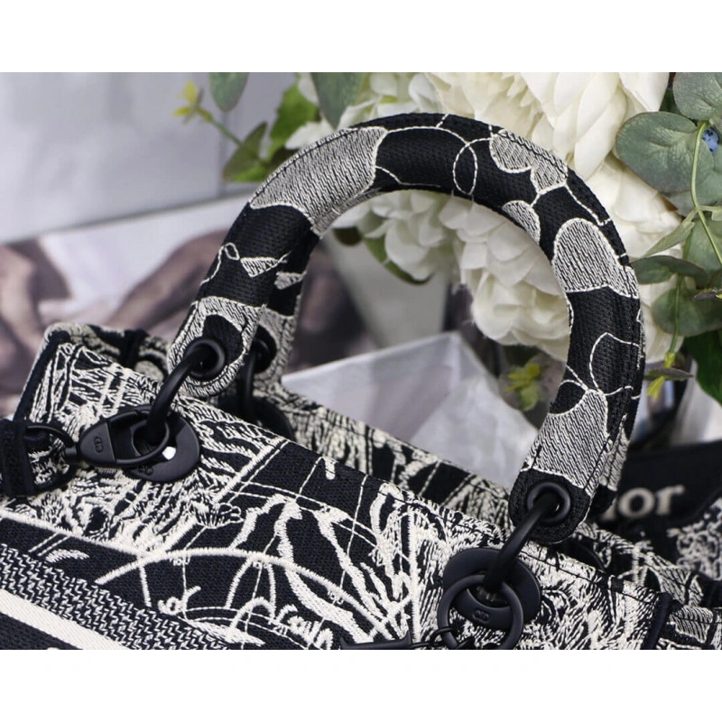24 x 20 x Christian Dior Medium Lady D-Lite Bag Black and White Around the World Embroidery - Image 8
