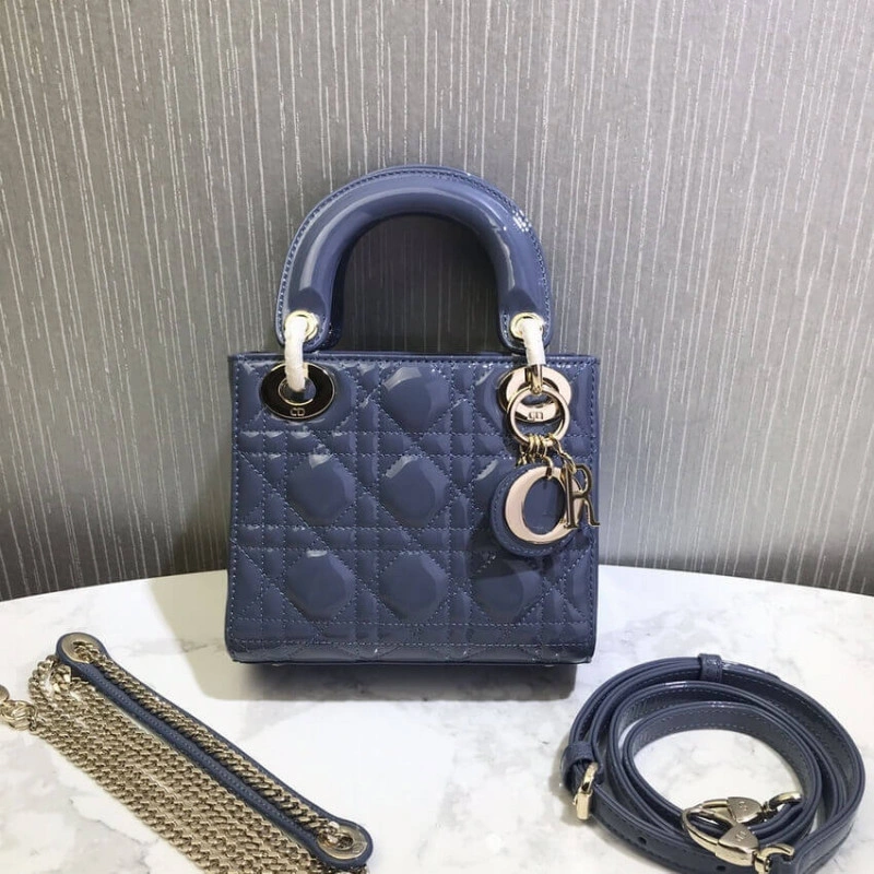 The bag m Christian Dior Mini Lady Dior Bag Blue Patent Cannage Calfskin - Image 5