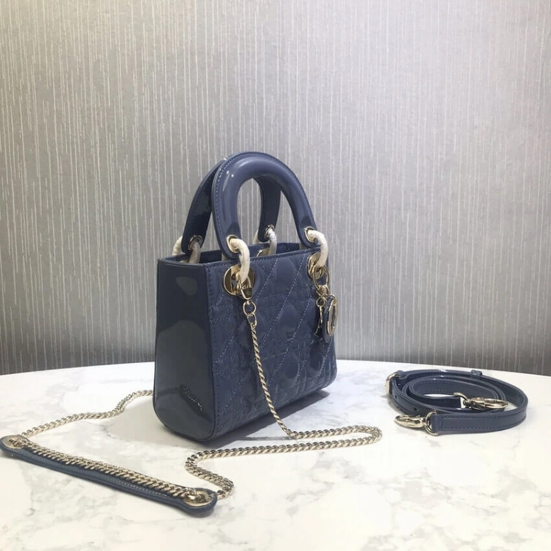 The bag m Christian Dior Mini Lady Dior Bag Blue Patent Cannage Calfskin - Image 7