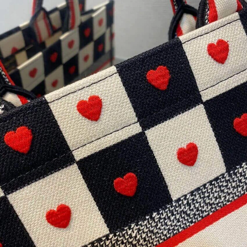 Black, Wh Christian Dior Small Dioramour Book Tote D-Chess Heart Embroidery - Image 7