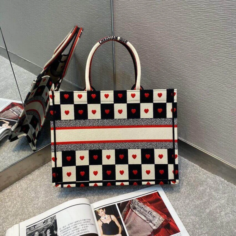 Black, Wh Christian Dior Small Dioramour Book Tote D-Chess Heart Embroidery - Image 9