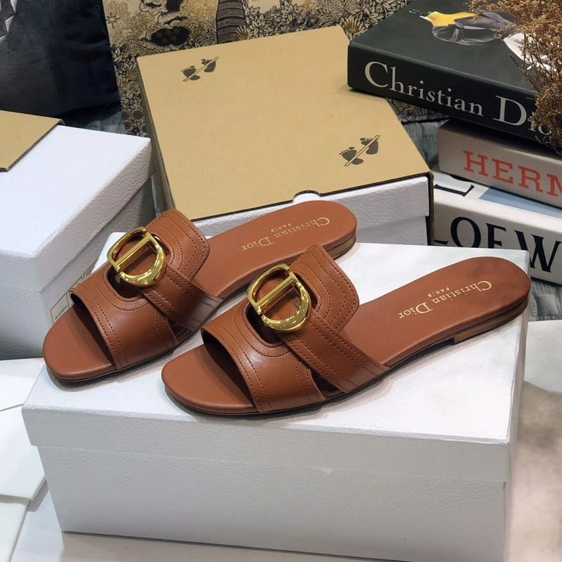 Dior 30 Montaigne Slides Women Calfskin Brown Comfortable 2585 - Image 3