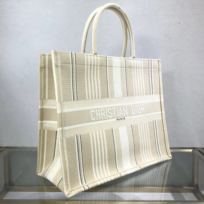 'Christia Dior Book Tote Beige Stripes Embroidery - Image 5