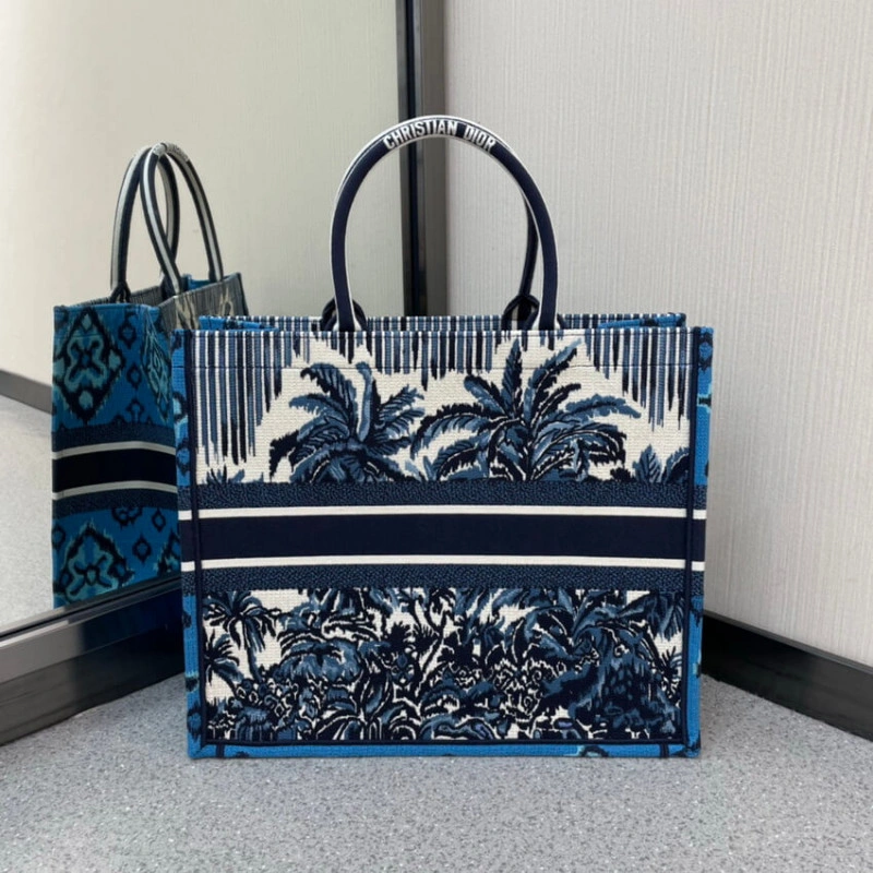 'Christia Dior Book Tote in Blue Palms Embroidery - Image 4
