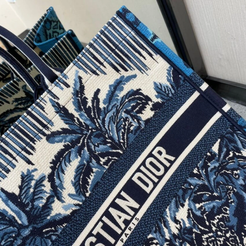 'Christia Dior Book Tote in Blue Palms Embroidery - Image 8