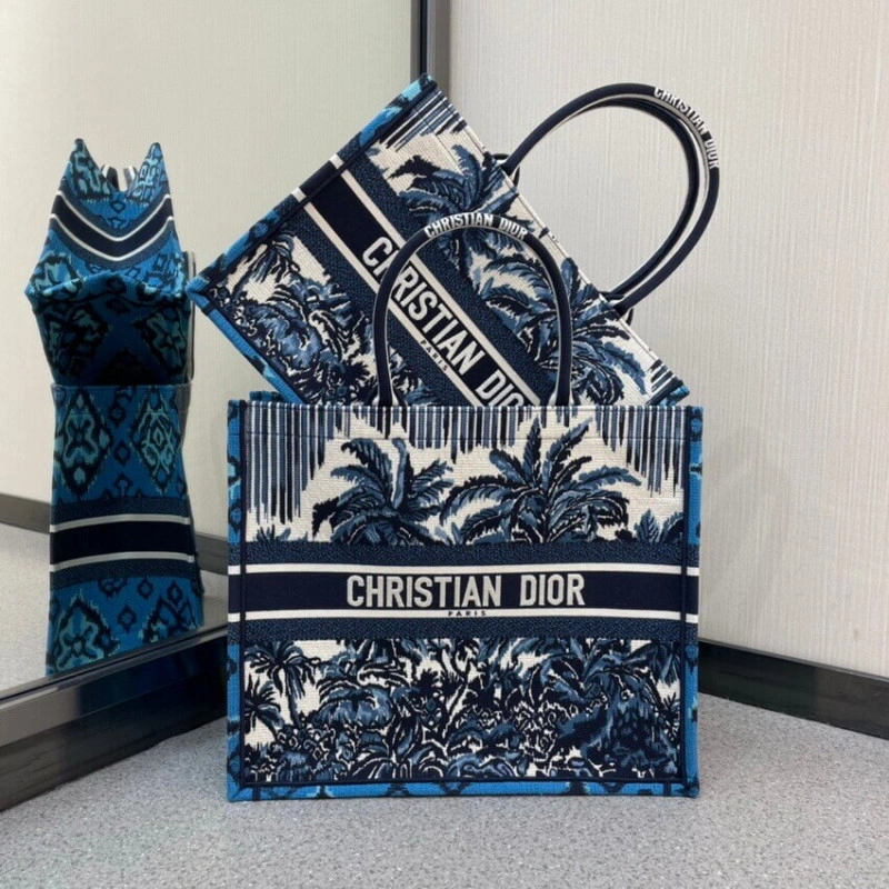 'Christia Dior Book Tote in Blue Palms Embroidery - Image 13