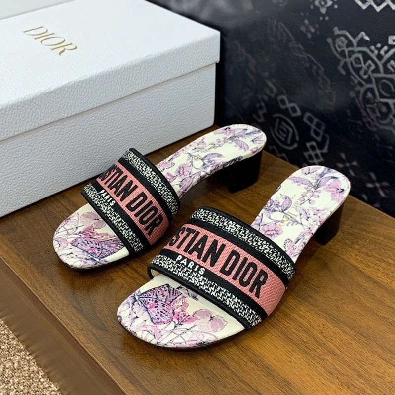 Christian Dior Dway Slides Women Toile de Jouy Mexico Motif Canvas White Pink - Image 4