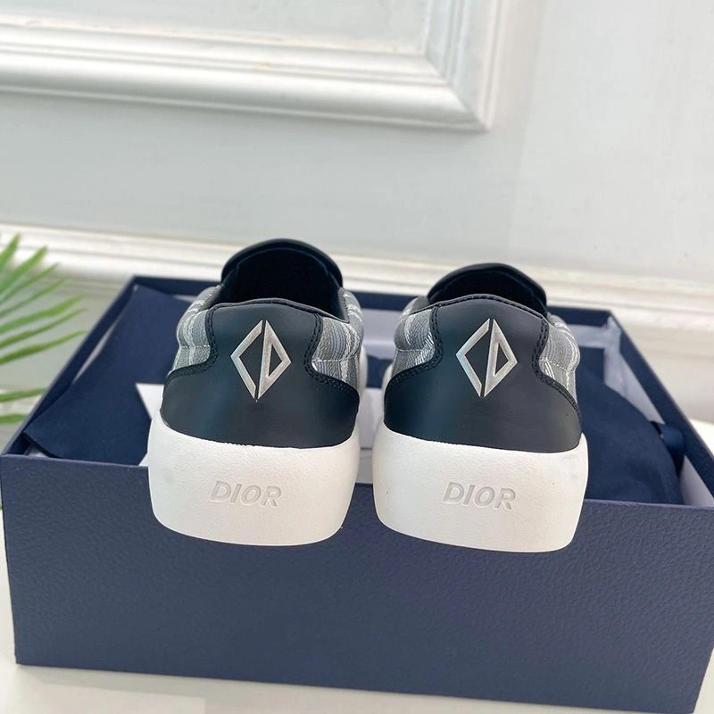 Dior B101 Slip-on Sneakers Unisex CD Diamond Motif Canvas and Smooth Calfskin Grey Navy Blue - Image 3