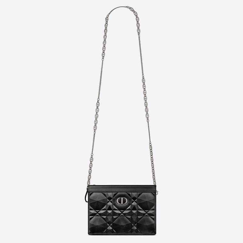Dior Caro Zipped Pouch with Chain Cannage Calfskin with Diamond Motif Black - Image 4
