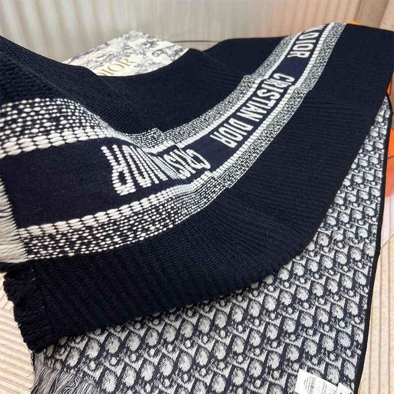 Dior Reversible Scarf University Oblique Motif Silk and Wool Navy Blue - Image 4