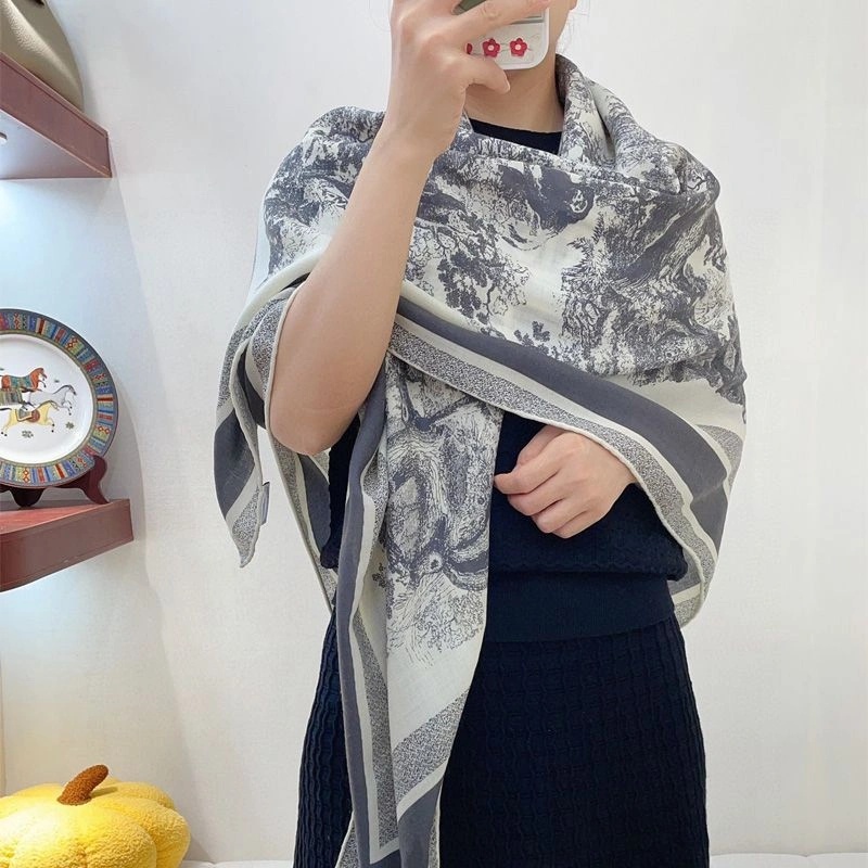 Dior Shawl Toile de Jouy Motif Wool, Silk and Cotton Grey - Image 3