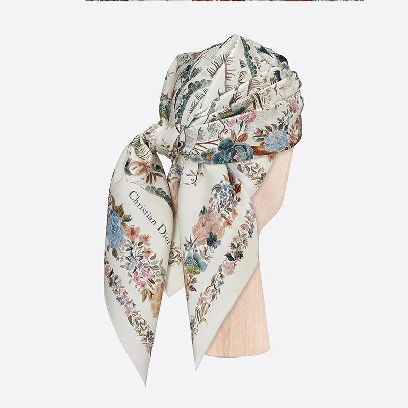 Dior Square Scarf Jardin d'Hiver Motif Silk White - Image 4