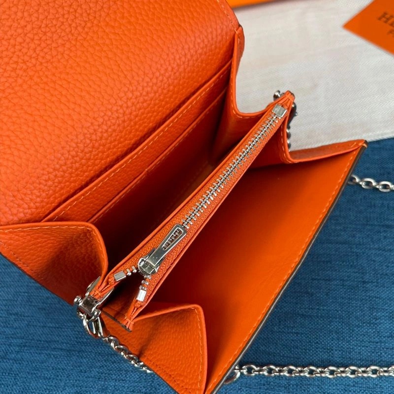 Hermes Constance Compact Wallet with Chain Togo Leather Palladium Hardware In Orange - Image 3