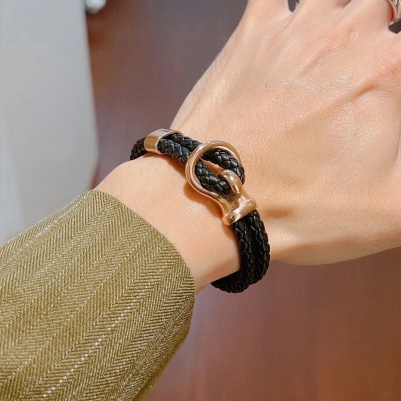 Hermes Hook Leather Double Tour Bracelets In Black - Image 3