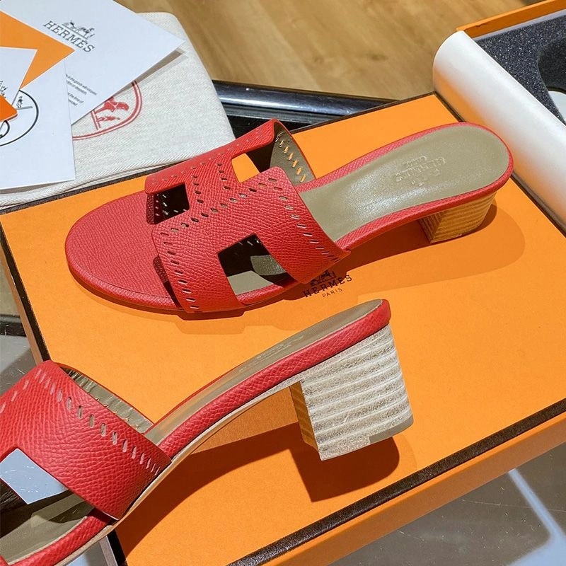 Hermes Oasis Slides Women Hollow Leather In Red - Image 4