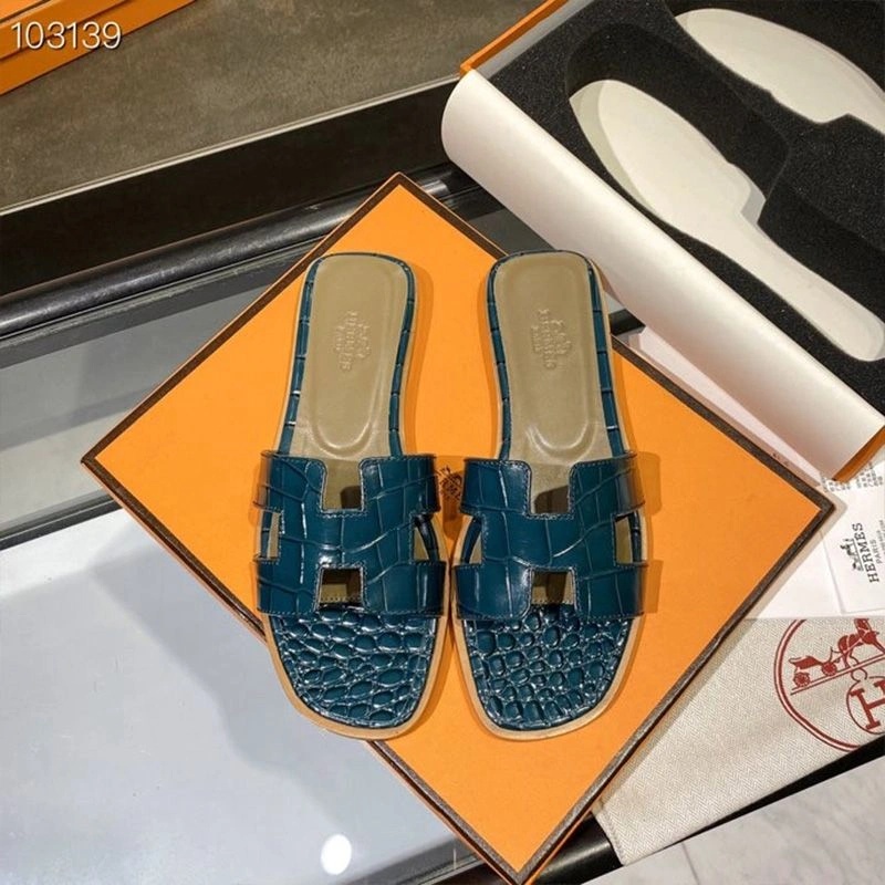 Hermes Oran Slides Women Alligator Leather In Blue - Image 3