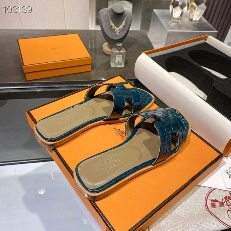 Hermes Oran Slides Women Alligator Leather In Blue - Image 4