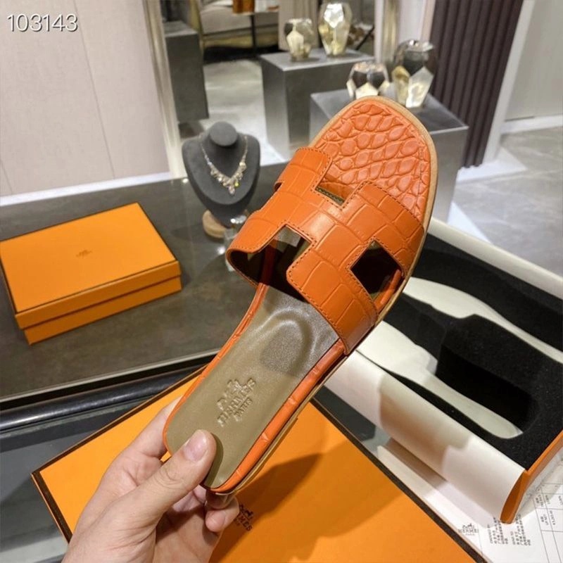 Hermes Oran Slides Women Alligator Leather In Orange - Image 4