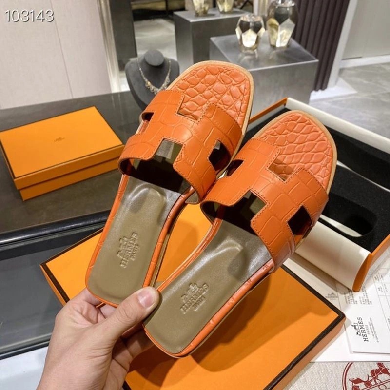 Hermes Oran Slides Women Alligator Leather In Orange - Image 5