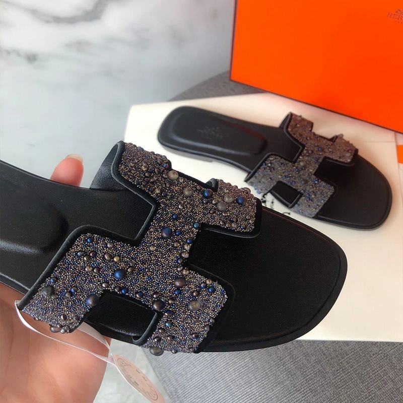 Hermes Oran Slides Women Glitter Leather With Pearl In Black Blue - Image 4