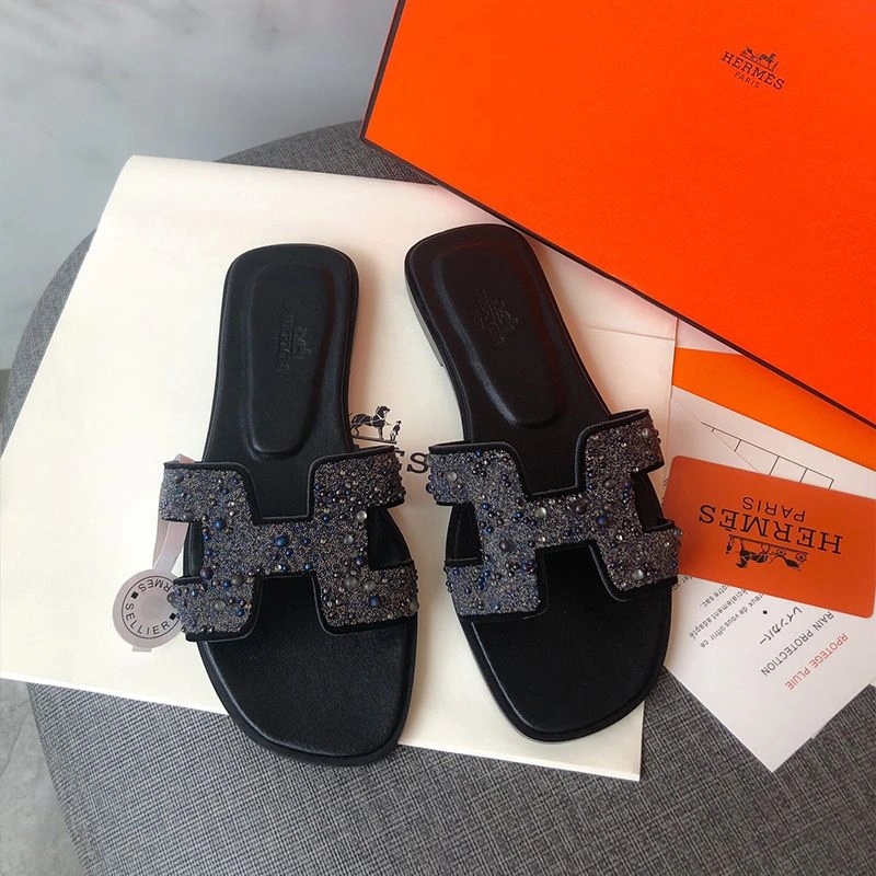 Hermes Oran Slides Women Glitter Leather With Pearl In Black Blue - Image 5