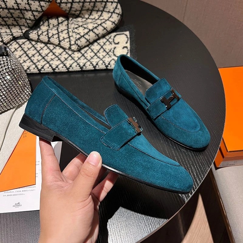 Hermes Paris Loafers Women Suede with H Buckle In Blue - Image 3