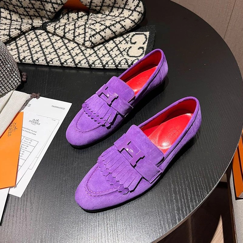 Hermes Royal Loafers Women Suede with Fringe and H Buckle In Purple - Image 3