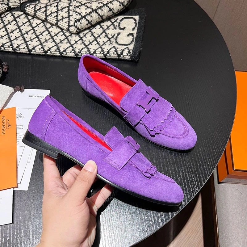 Hermes Royal Loafers Women Suede with Fringe and H Buckle In Purple - Image 4