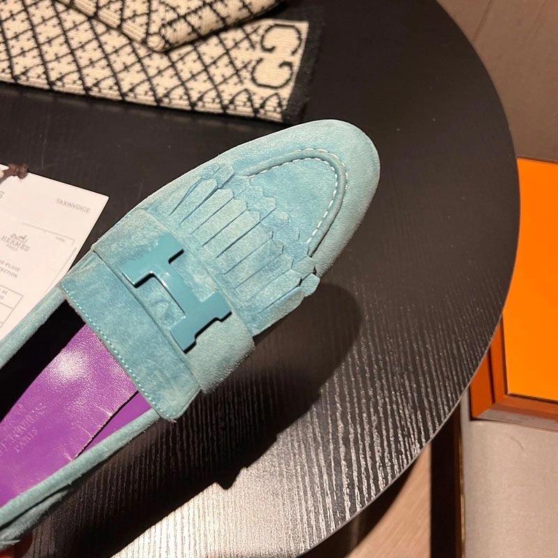 Hermes Royal Loafers Women Suede with Fringe and H Buckle In Sky Blue - Image 4