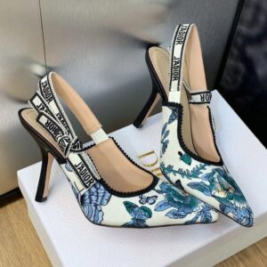 J'Adior Slingback Pumps Women Toile de Jouy Mexico Motif Canvas White Blue