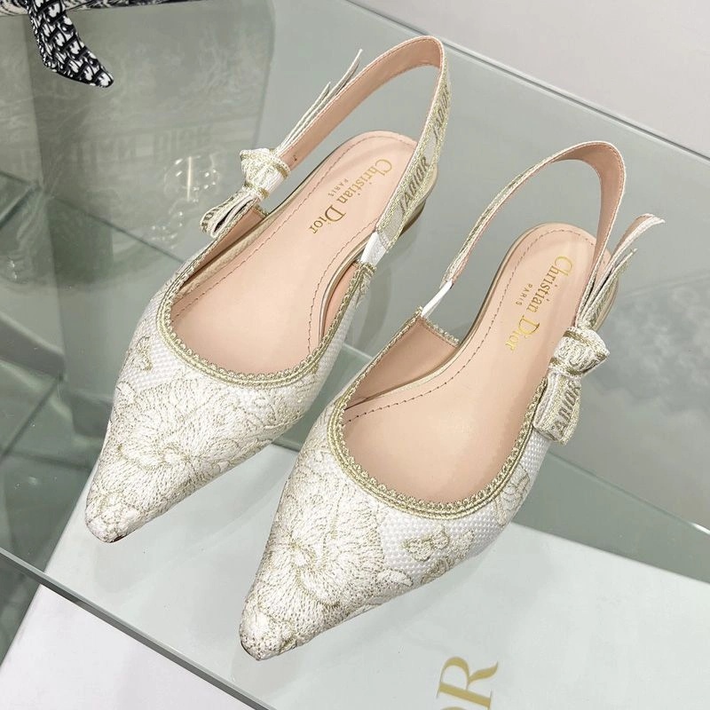 J'Adior Slingback Pumps Women Toile de Jouy Mexico Motif Canvas White Gold - Image 6