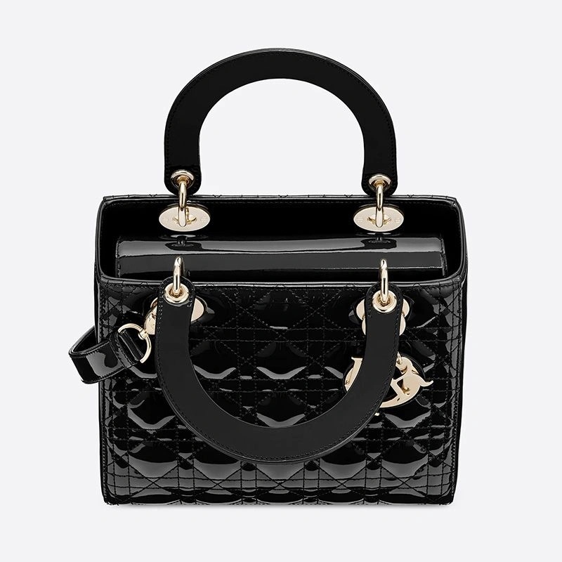 Medium Lady Dior Bag Patent Cannage Calfskin Black Gold - Image 3