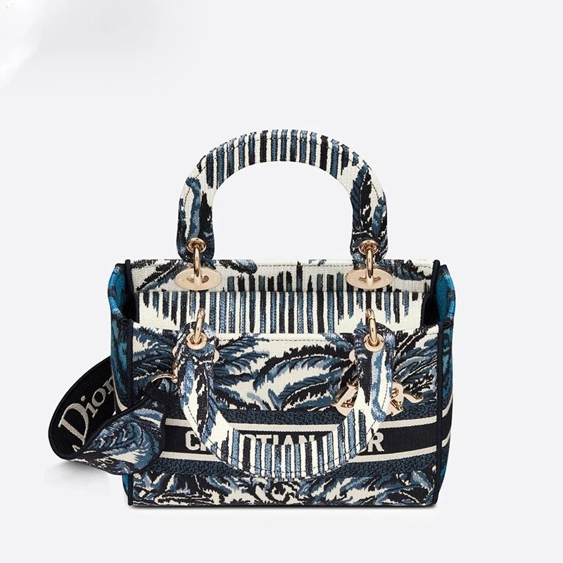 Medium Lady D-lite Bag Palms Motif Canvas Blue - Image 4