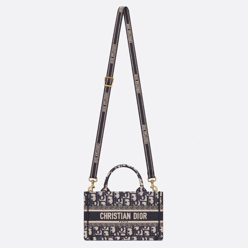 Mini Dior Book Tote with Strap Oblique Motif Canvas Blue - Image 5