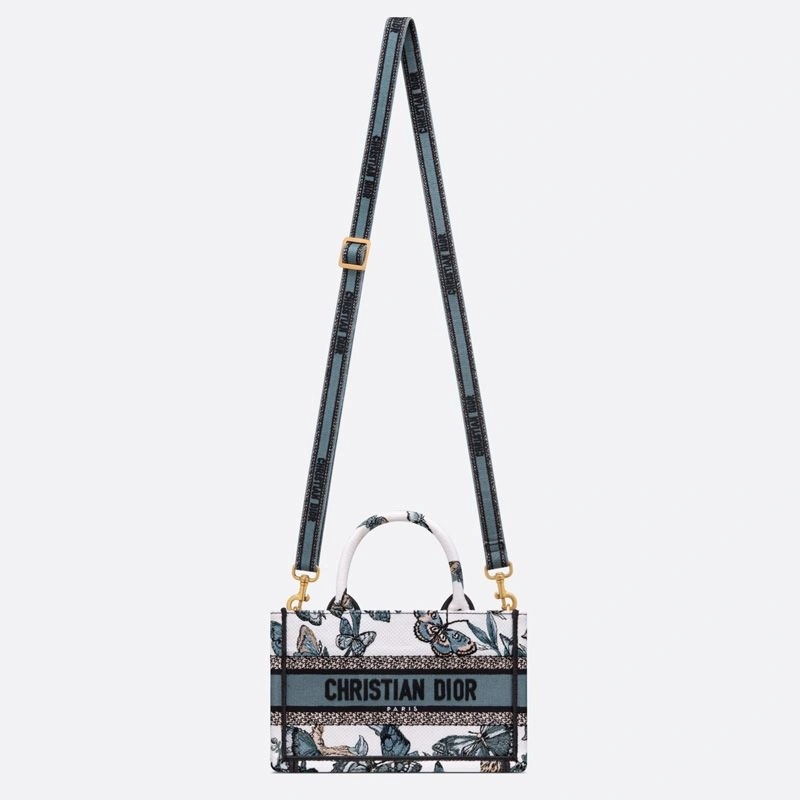 Mini Dior Book Tote with Strap Toile de Jouy Mexico Motif Canvas White Blue - Image 5